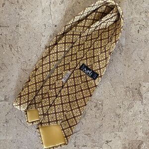 HERMES Elegant Gold and Brown Patterned Tie